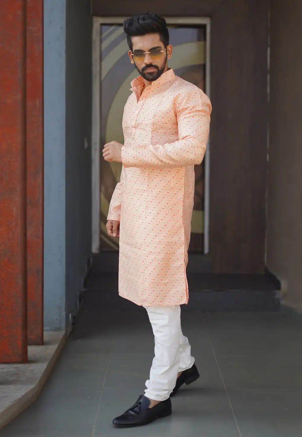 Peach Jacquard Silk Kurta Pajama 293816