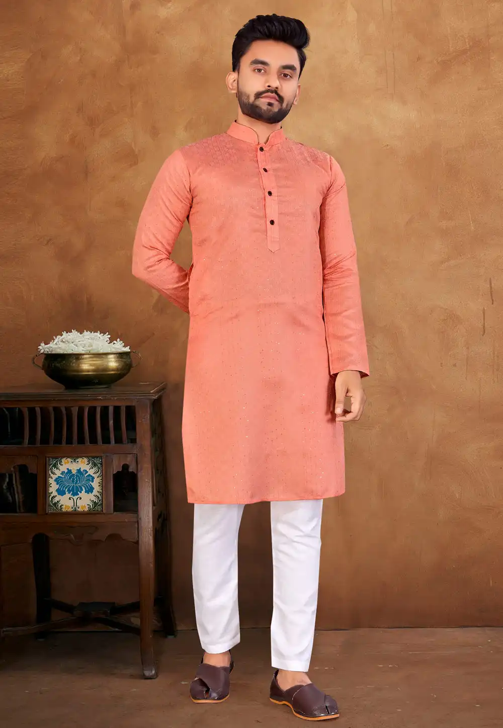 Peach Jacquard Silk Kurta Pajama 293424