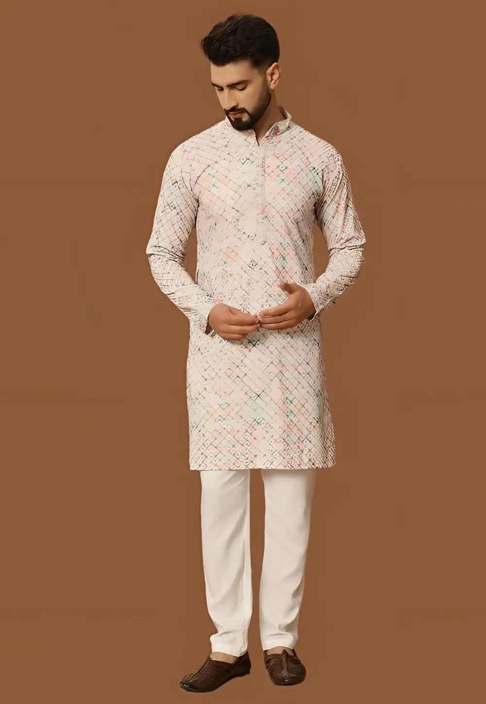 Peach Jacquard Silk Kurta Pajama 297890