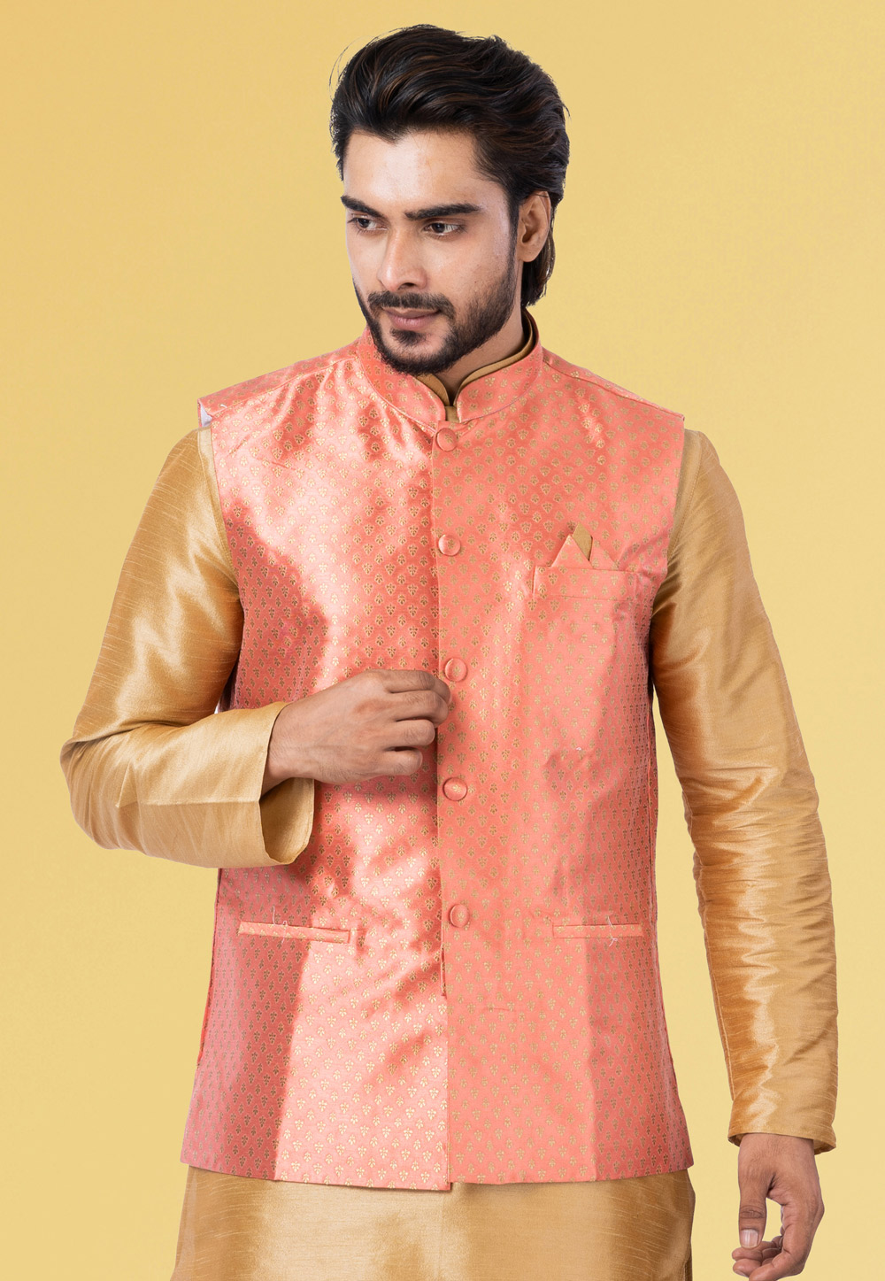 Peach Jacquard Silk Nehru Jacket 286936