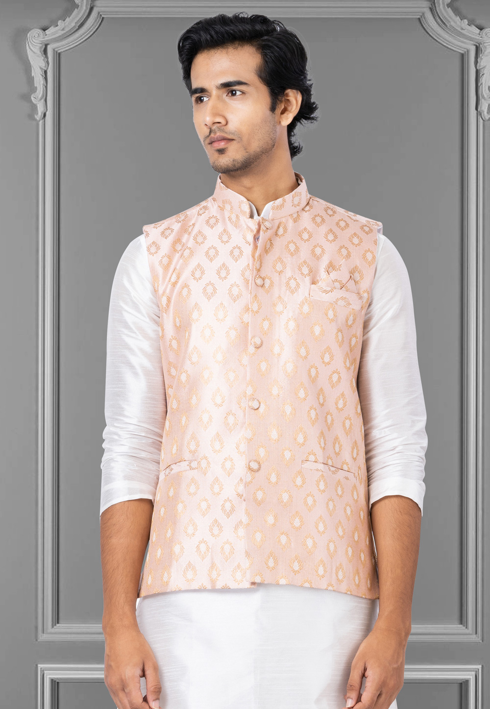 Peach Jacquard Silk Nehru Jacket 286960