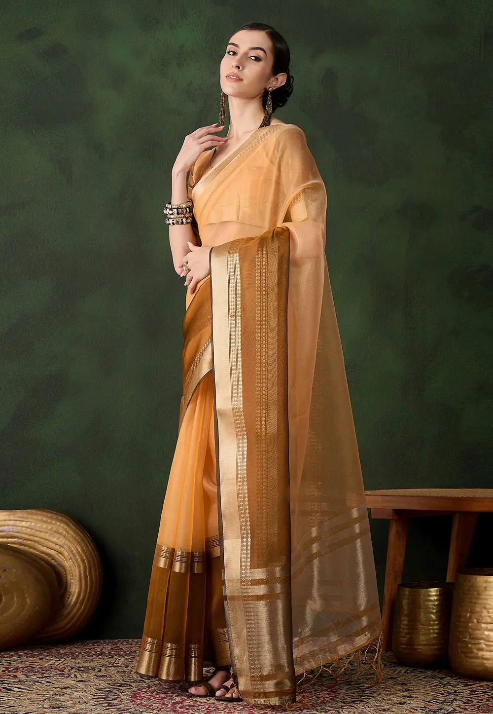 Peach Khadi Saree With Blouse 299222