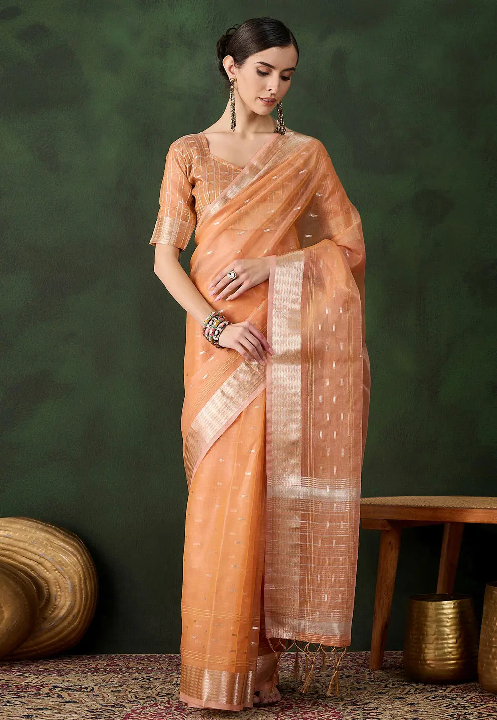 Peach Khadi Saree With Blouse 299390