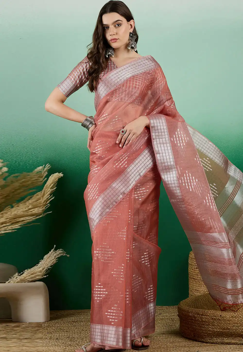 Peach Khadi Saree With Blouse 290231