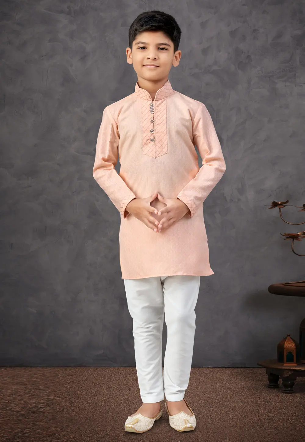 Peach Linen Kids Kurta Pajama 303816