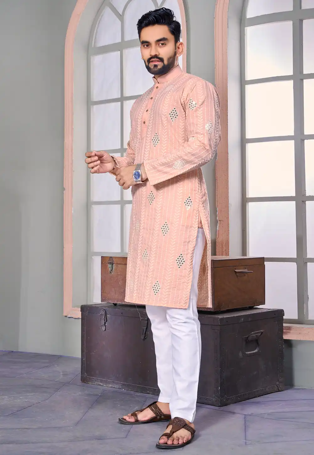 Peach Linen Kurta Pajama 293831