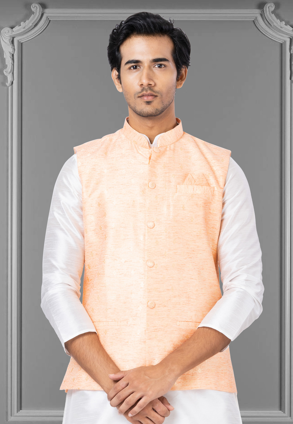 Peach Linen Nehru Jacket 286941