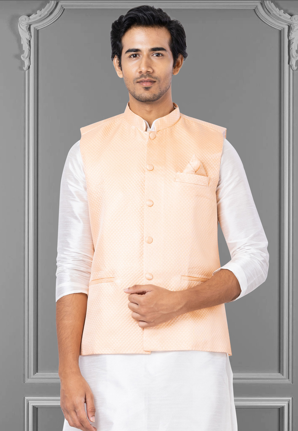 Peach Linen Nehru Jacket 286958