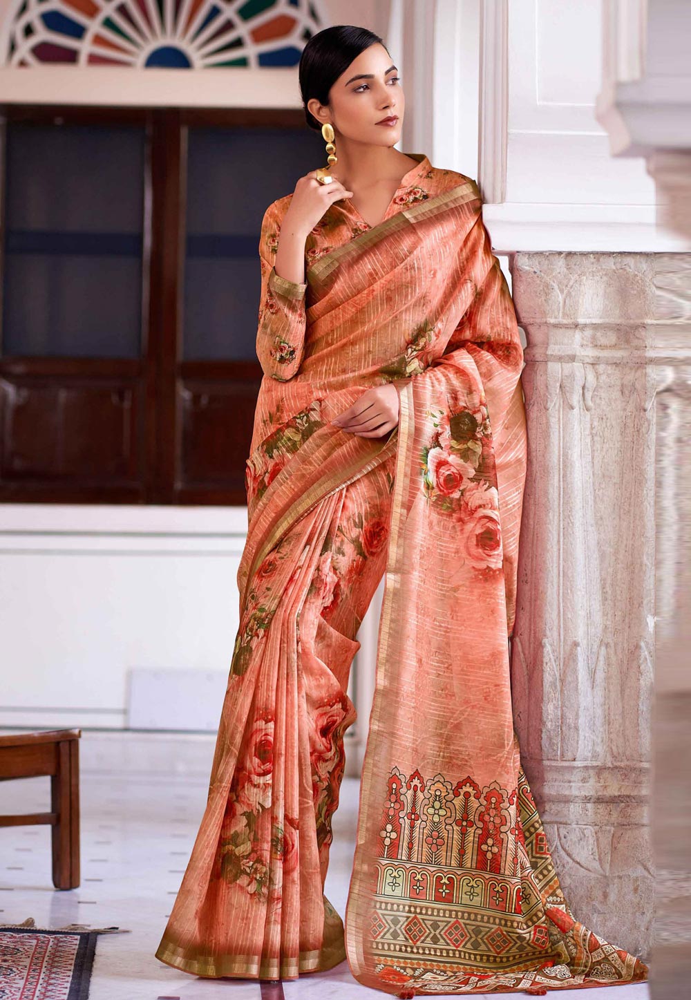 Peach Linen Saree With Blouse 279794