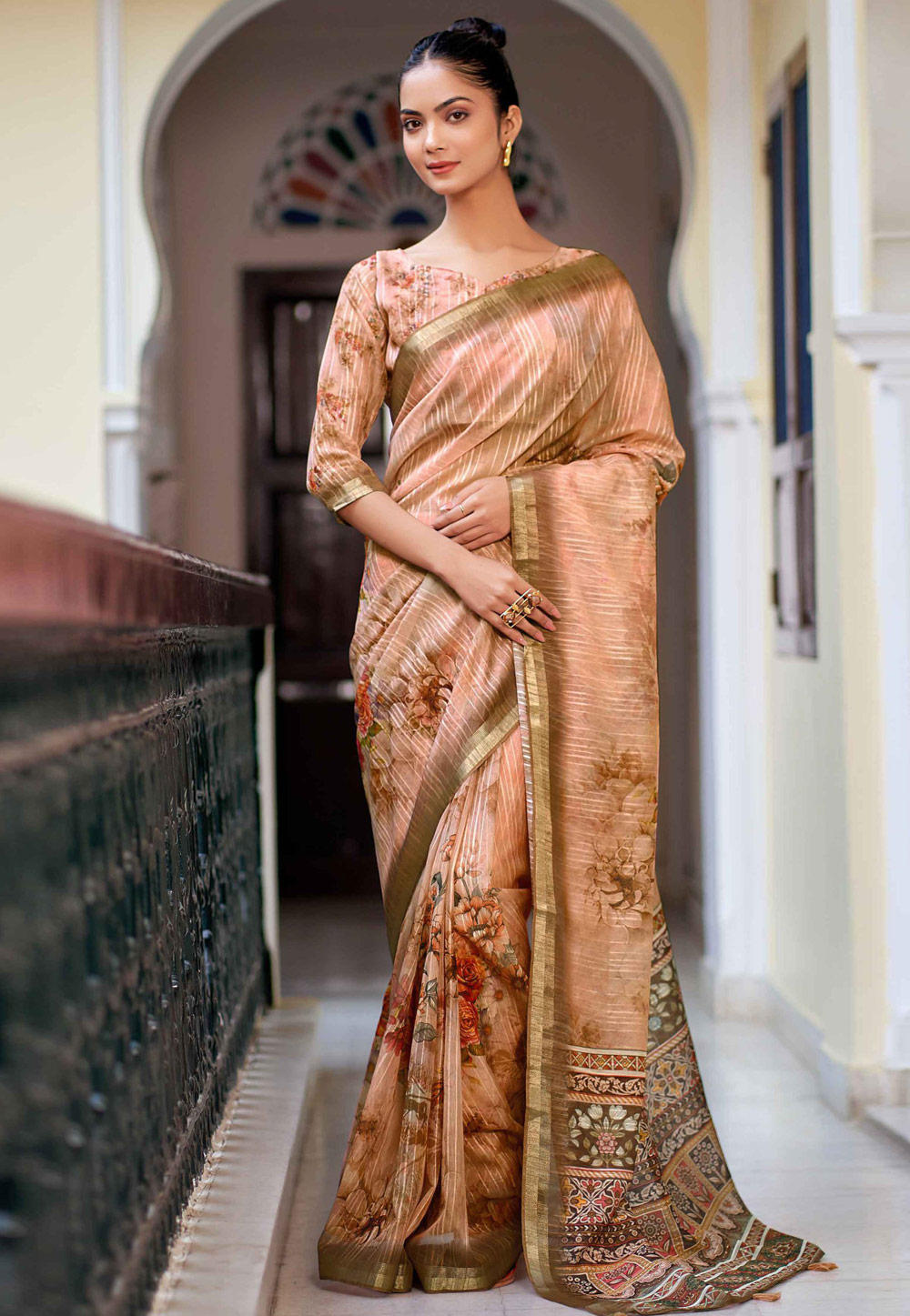 Peach Linen Saree With Blouse 279801