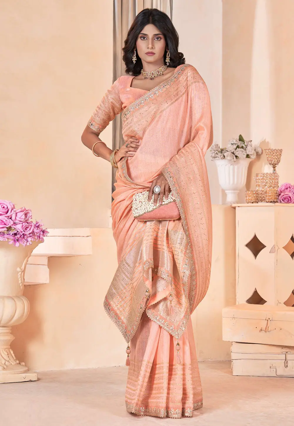 Peach Linen Saree With Blouse 301702