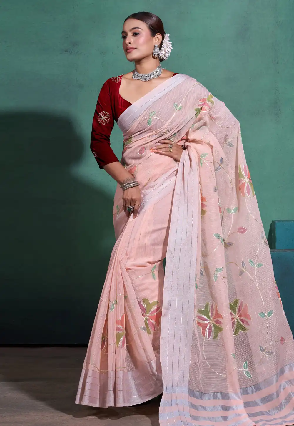 Peach Linen Saree With Blouse 289294