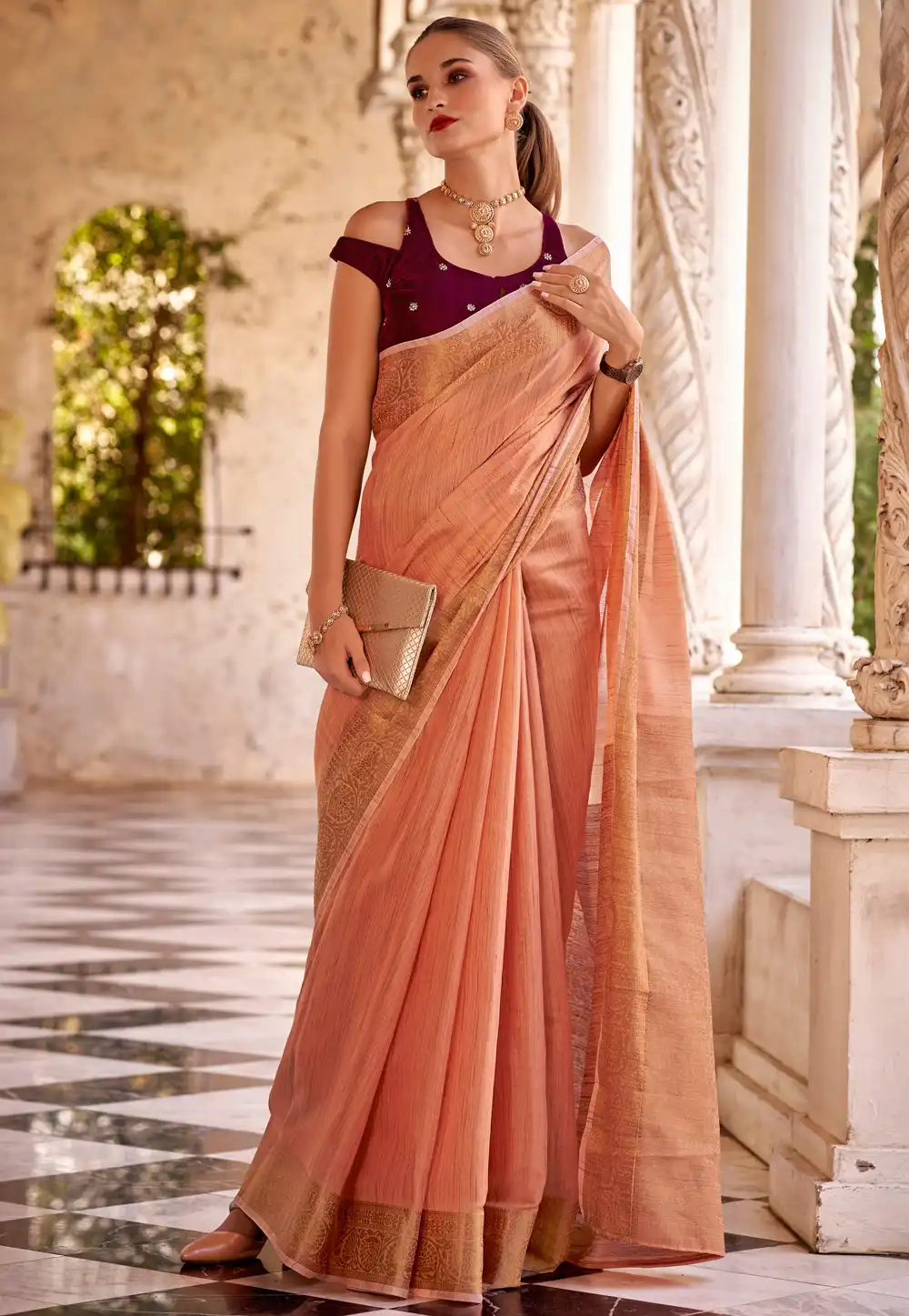 Peach Linen Saree With Blouse 291585