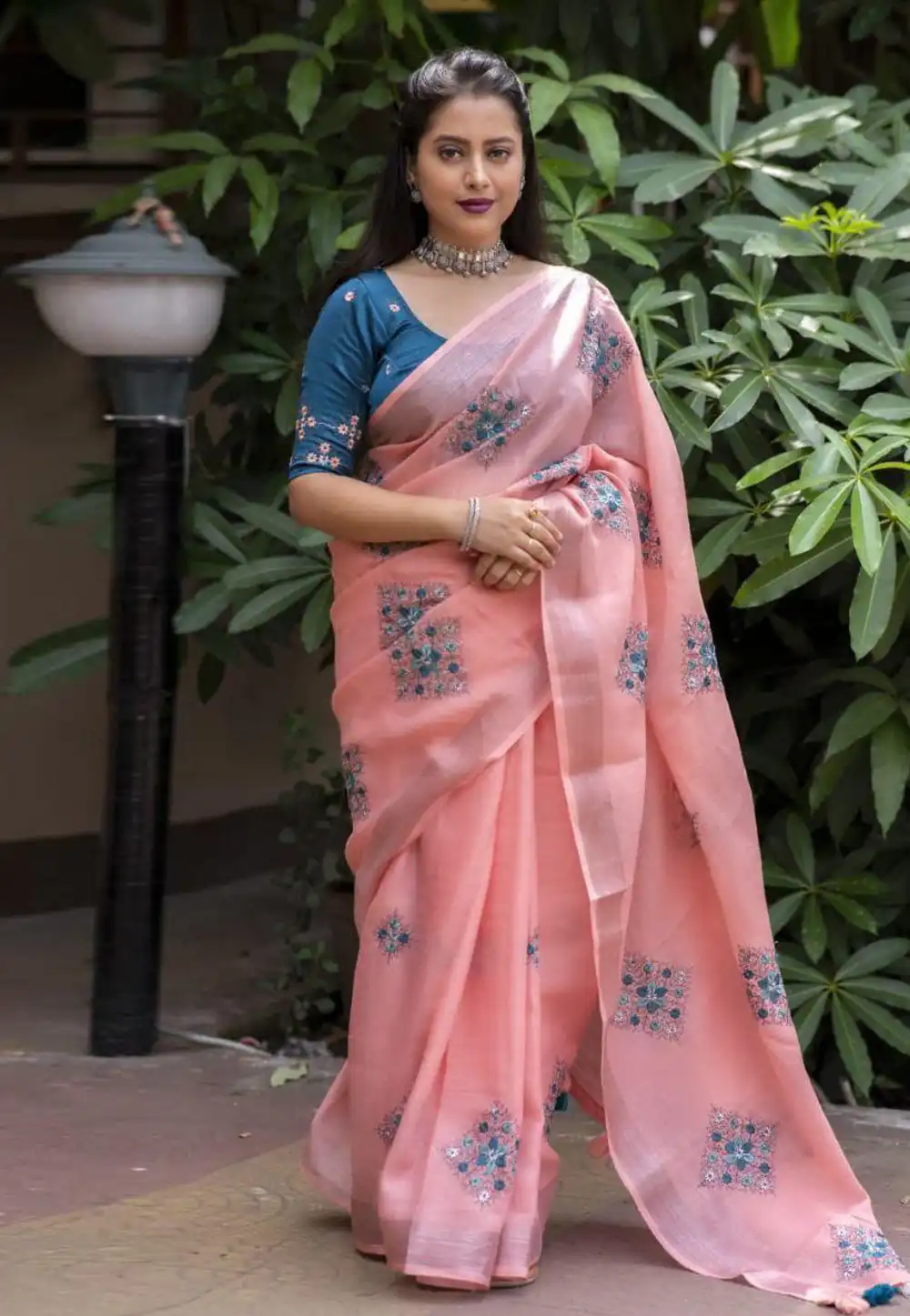 Peach Linen Saree With Blouse 289255