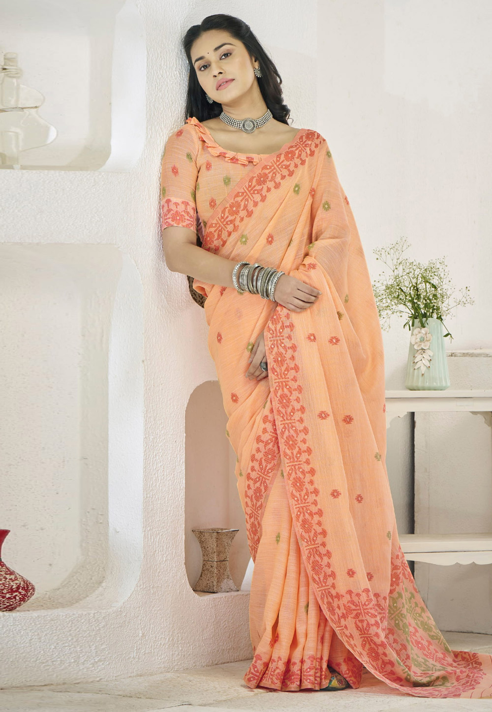 Peach Linen Saree With Blouse 305799