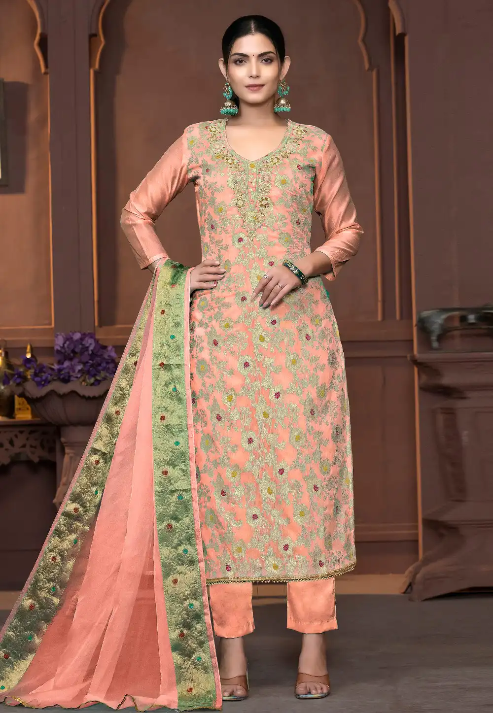 Peach Muslin Pakistani Suit 294177