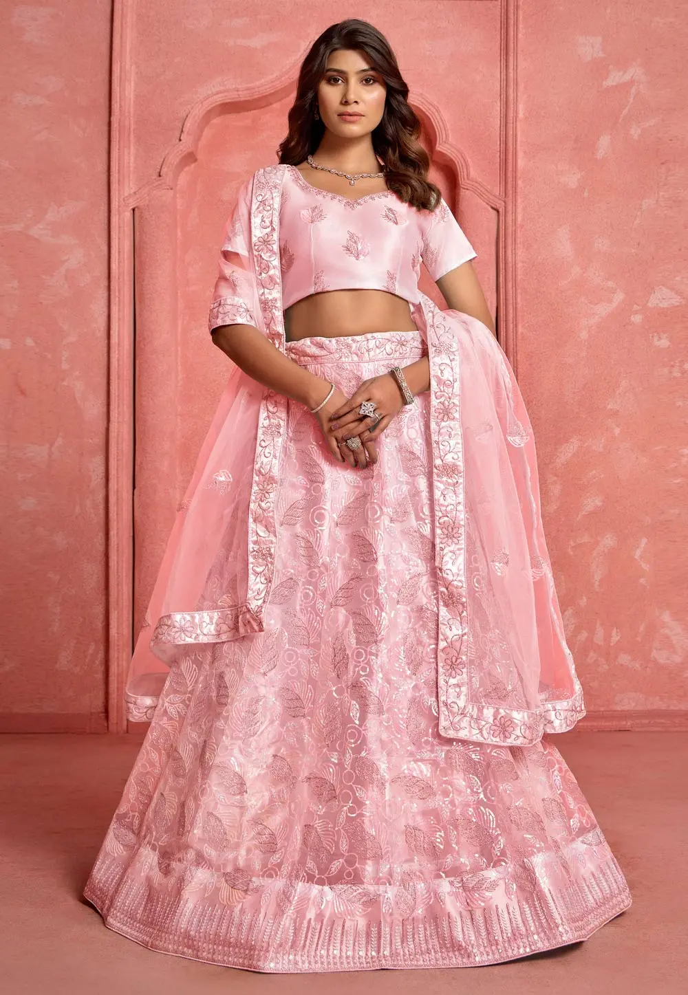 Peach Net A Line Lehenga Choli 303350