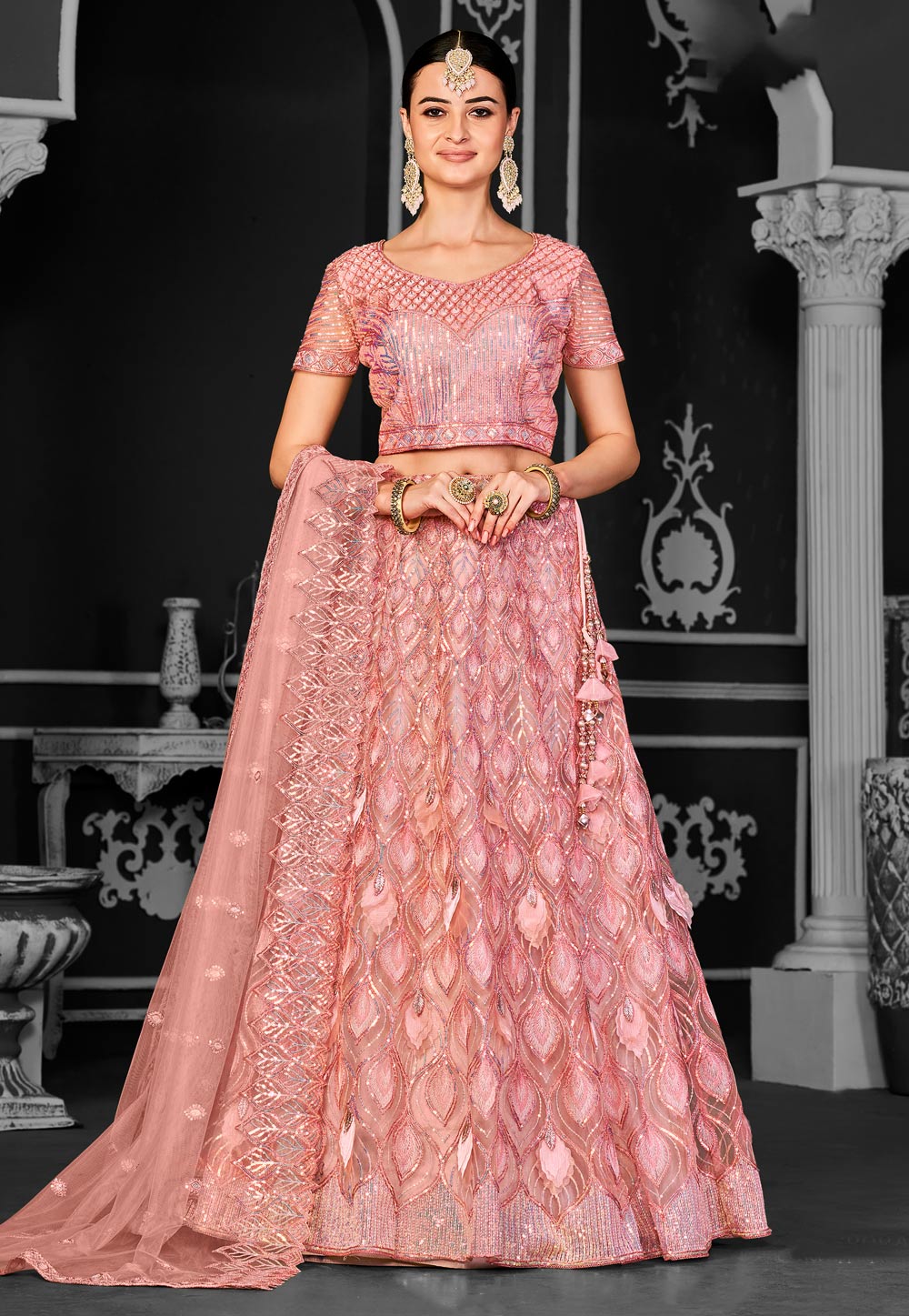 Peach Net A Line Lehenga Choli 310229