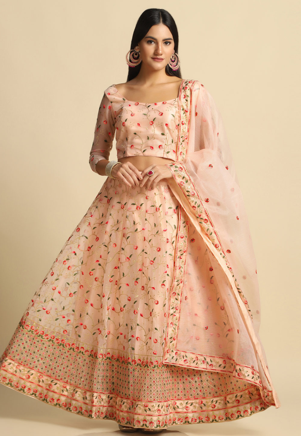 Peach Net A Line Lehenga Choli 287448