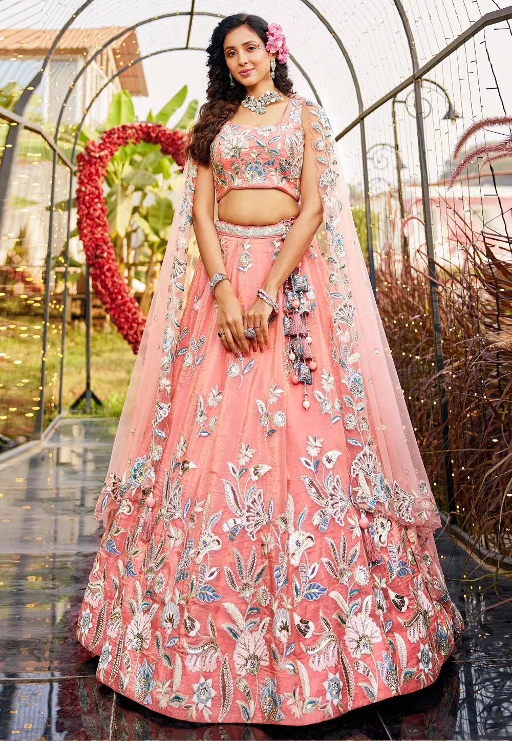 Peach Net A Line Lehenga Choli 304190