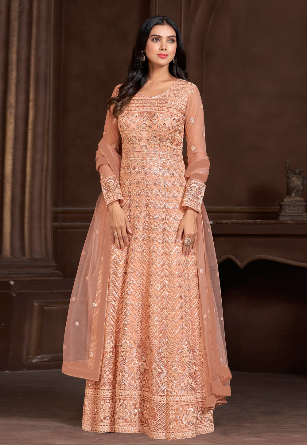 Peach Net Anarkali Suit 282356