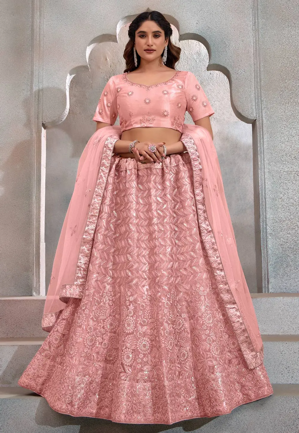 Peach Net Circular Lehenga Choli 302360