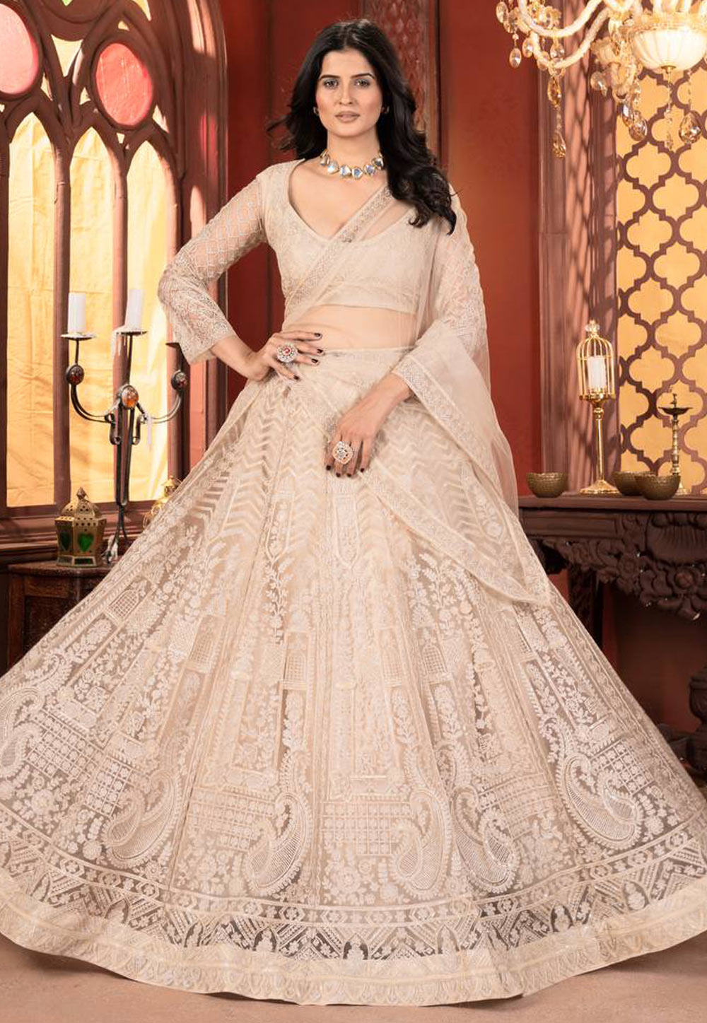 Peach Net Circular Lehenga Choli 309745