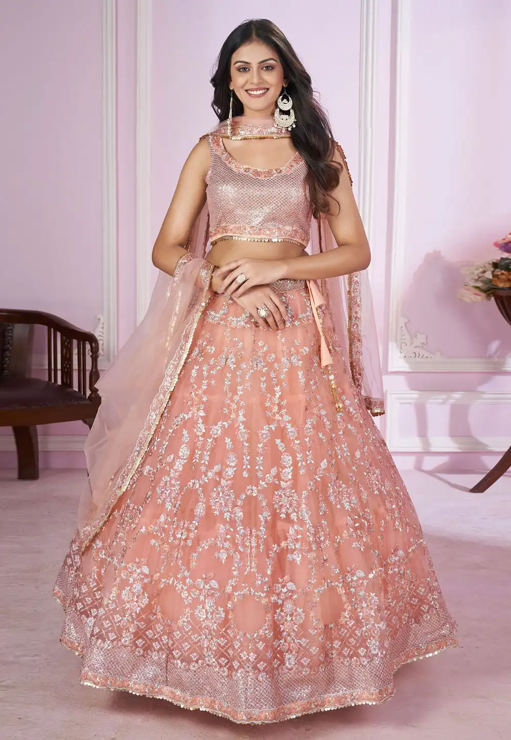 Peach Net Circular Lehenga Choli 292049