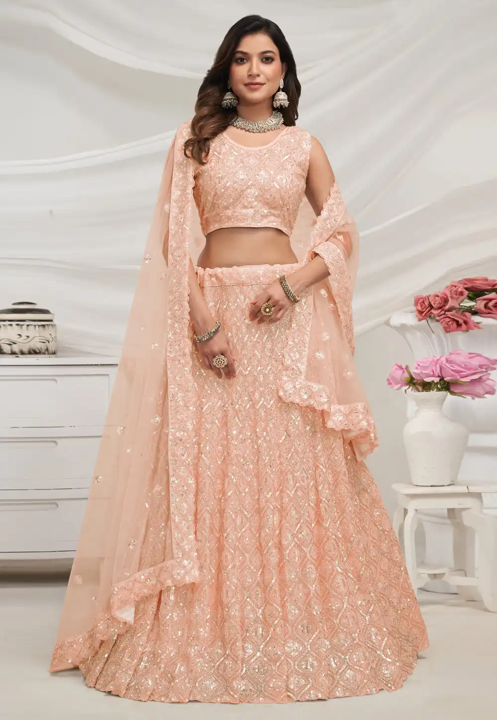 Peach Net Circular Lehenga Choli 288592