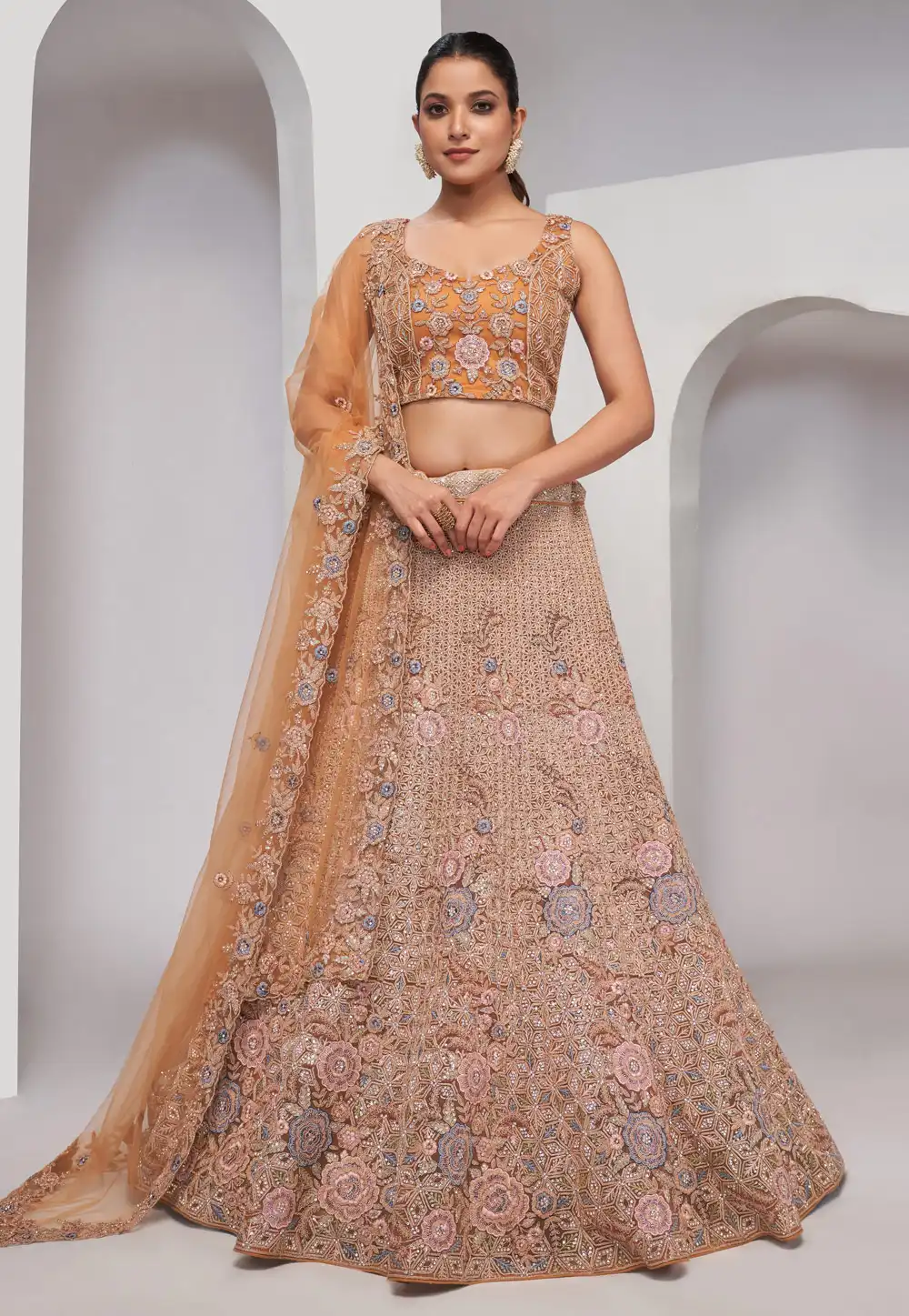 Peach Net Circular Lehenga Choli 288614