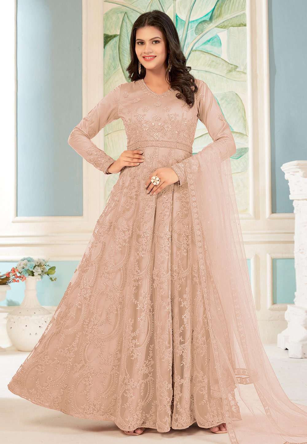Peach Net Embroidered Anarkali Suit 279903