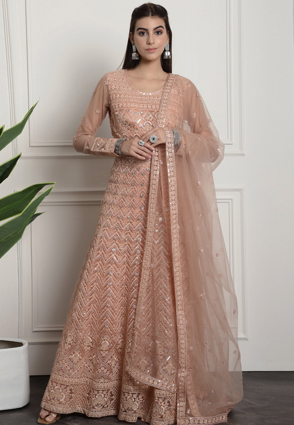 Peach Net Embroidered Anarkali Suit 310730