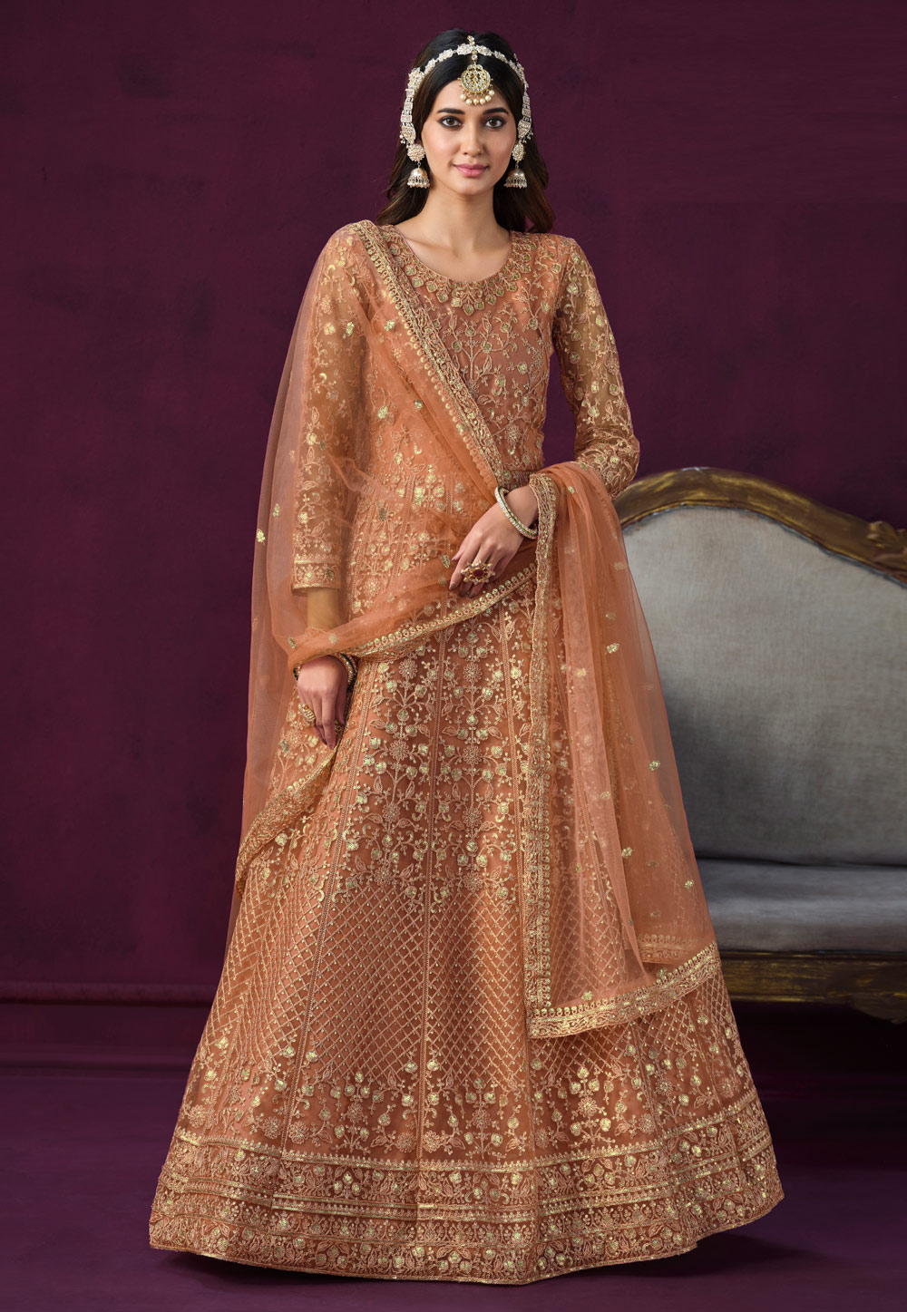 Peach Net Embroidered Anarkali Suit 278862