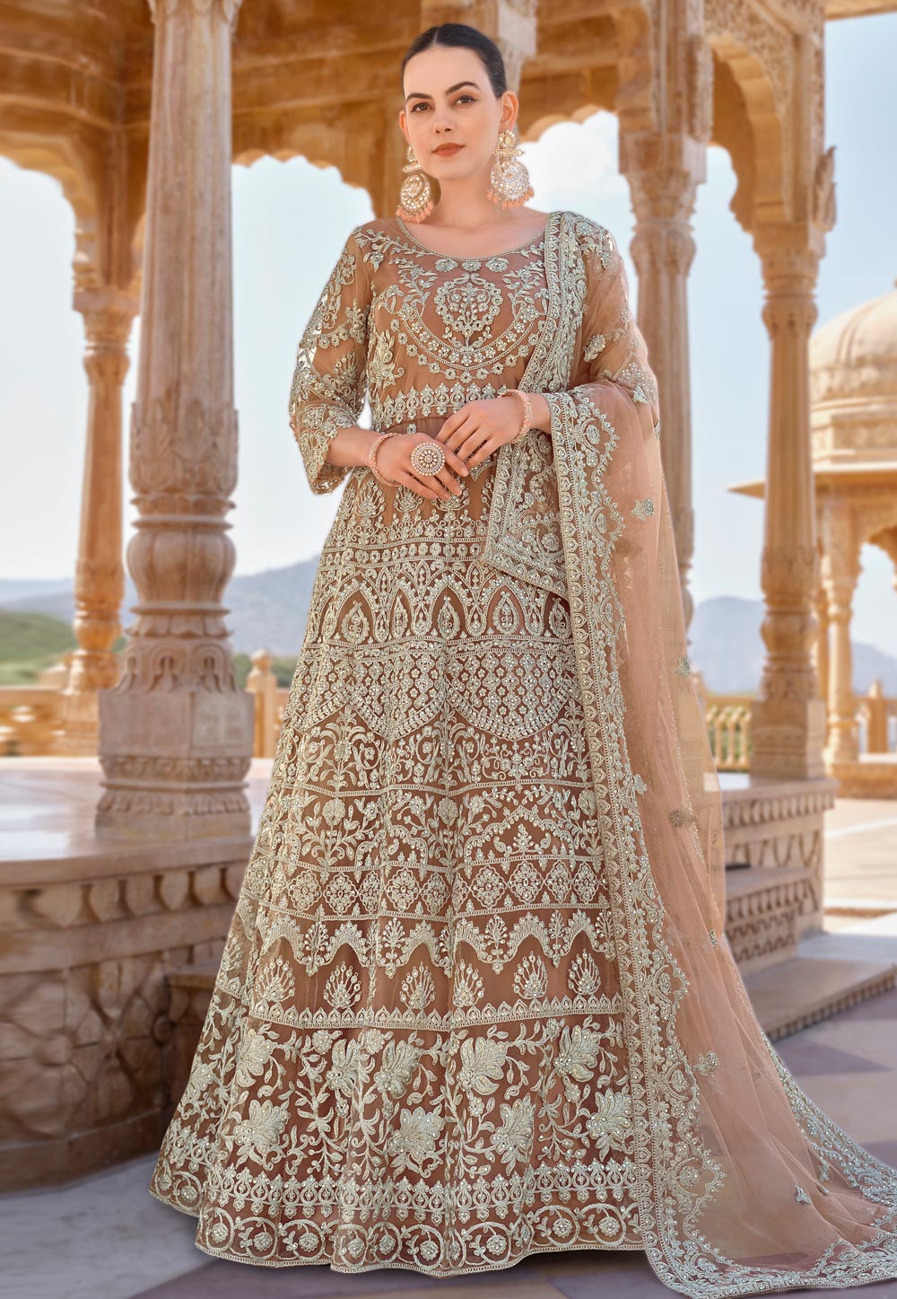 Peach Net Embroidered Long Anarkali Suit 282460