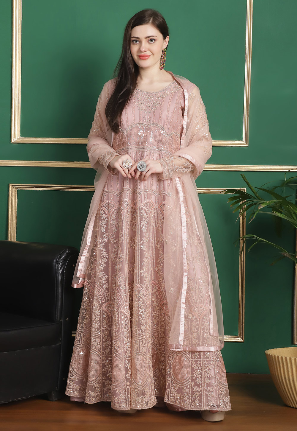 Peach Net Embroidered Long Anarkali Suit 309903