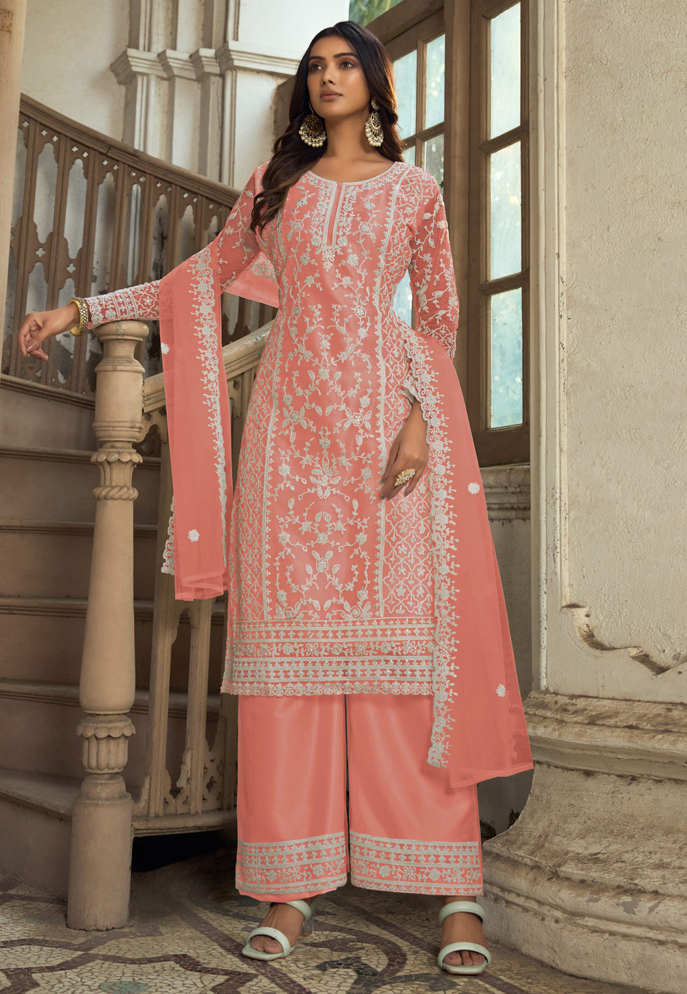 Peach Net Embroidered Pakistani Suit 278502