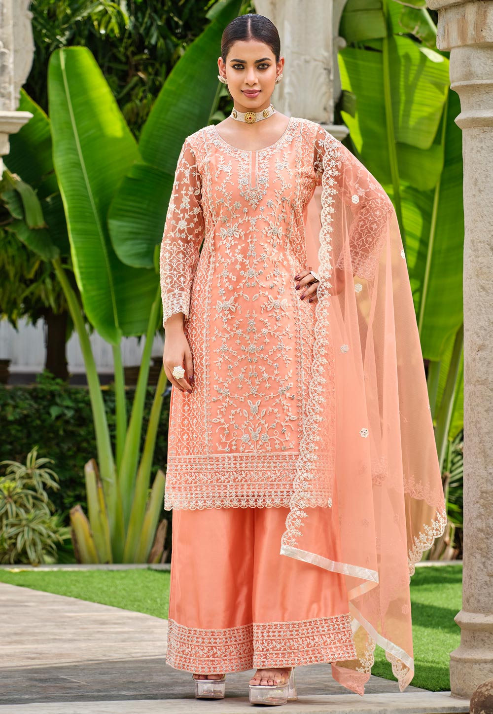 Peach Net Embroidered Palazzo Suit 282896