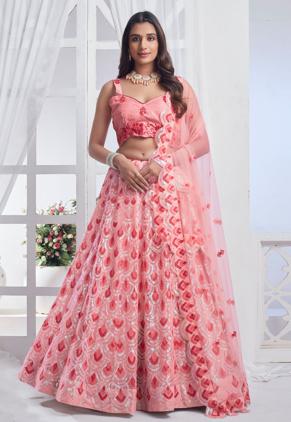 Peach Net Lehenga Choli 286640