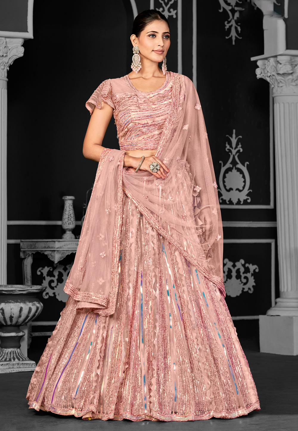 Peach Net Lehenga Choli 310224