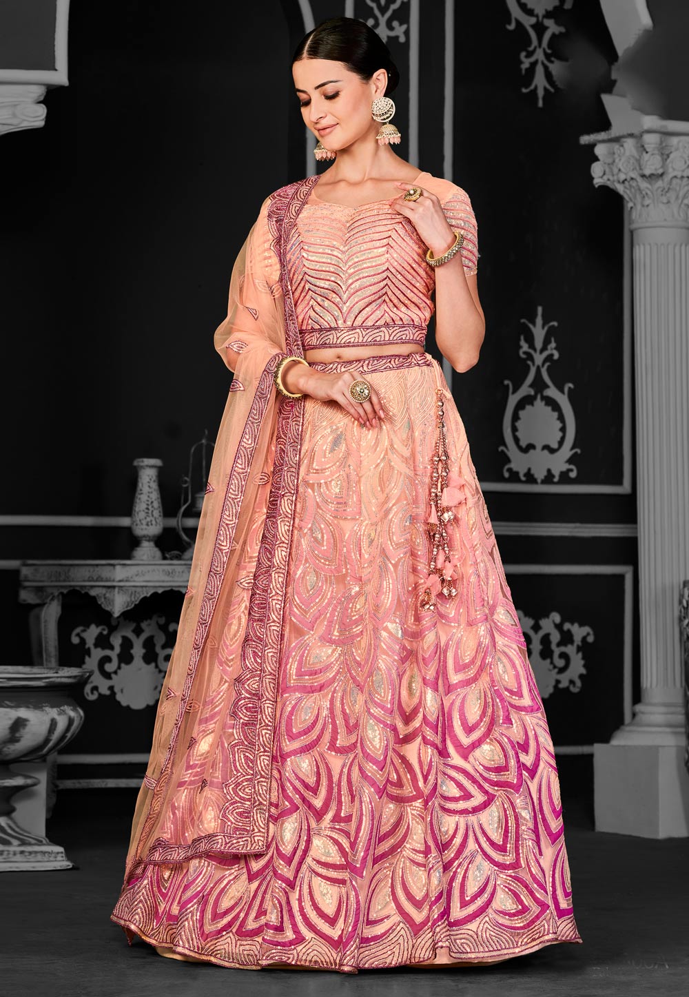 Peach Net Lehenga Choli 310226