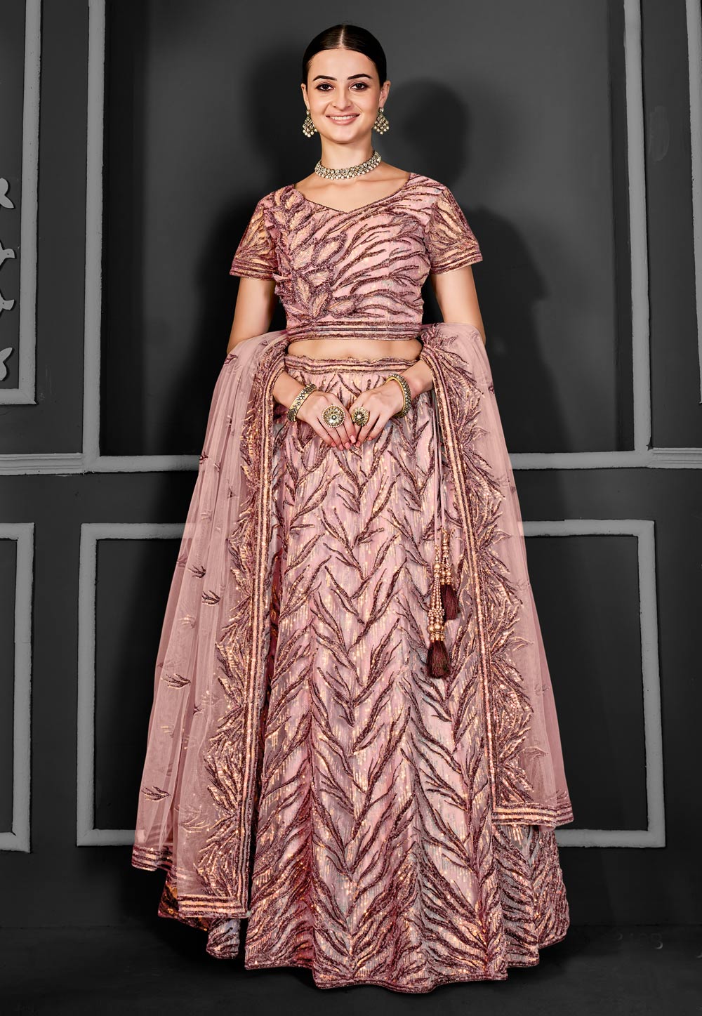Peach Net Lehenga Choli 310234