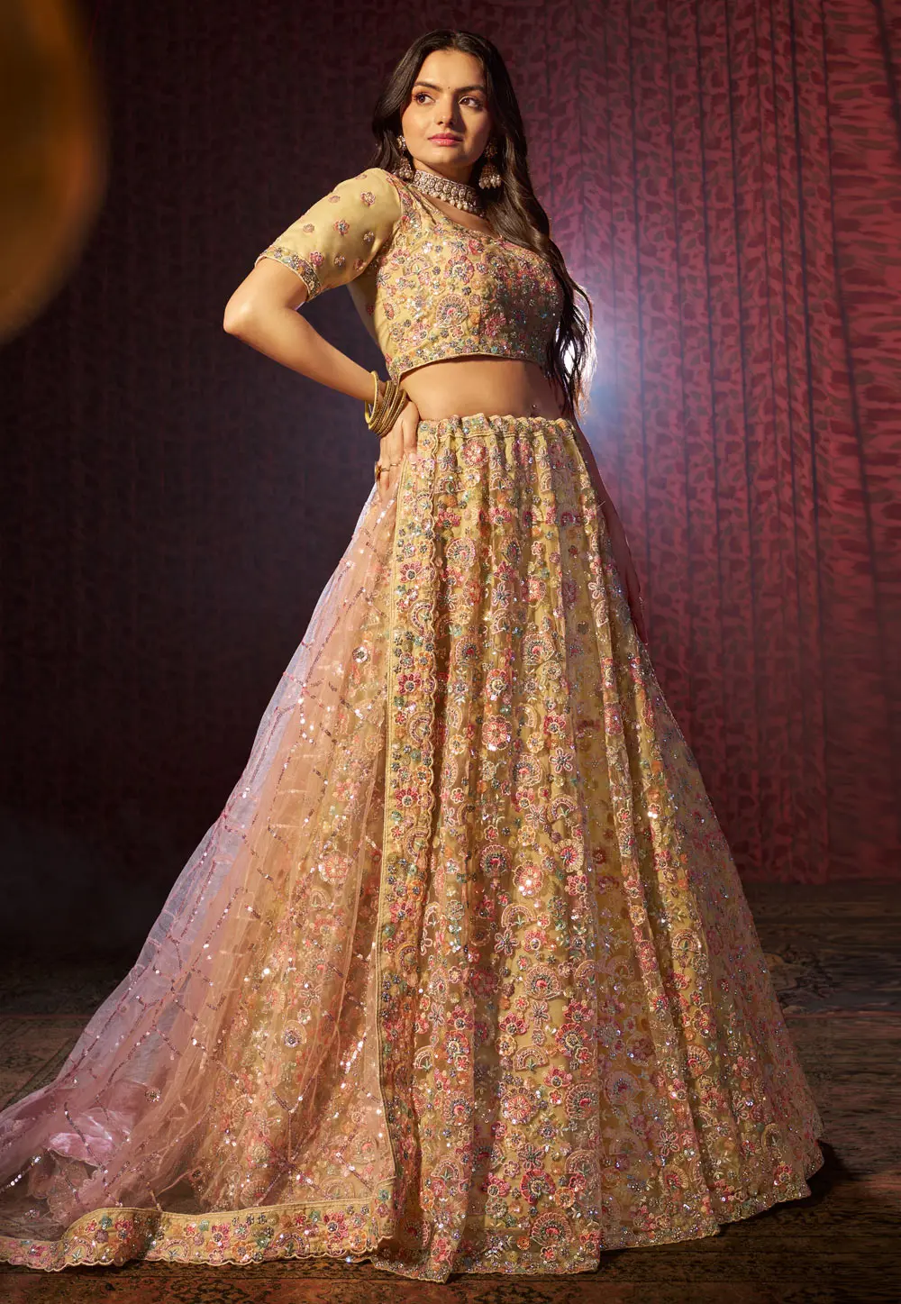 Peach Net Lehenga Choli For Wedding 299544