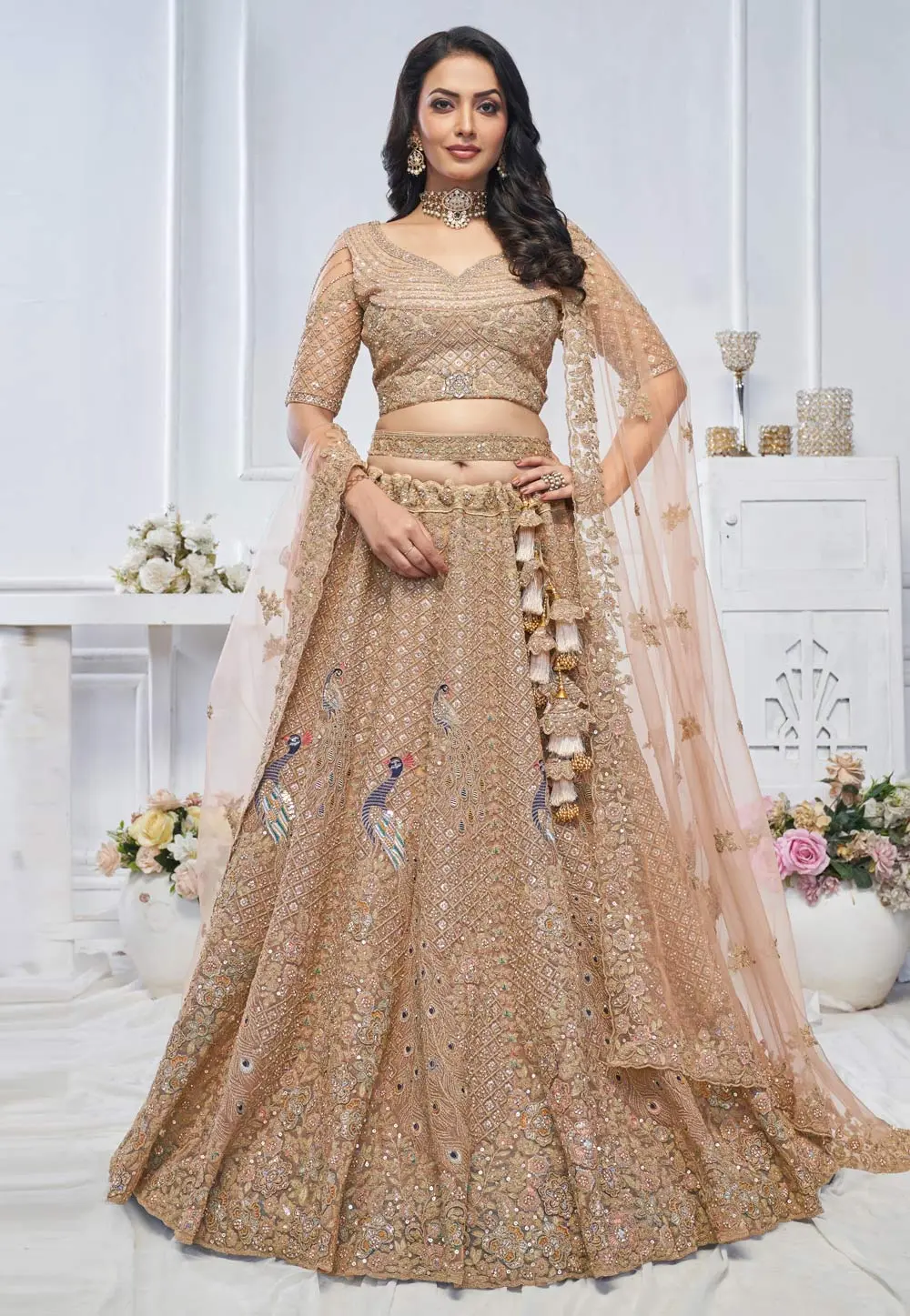 Peach Net Lehenga Choli For Wedding 297967