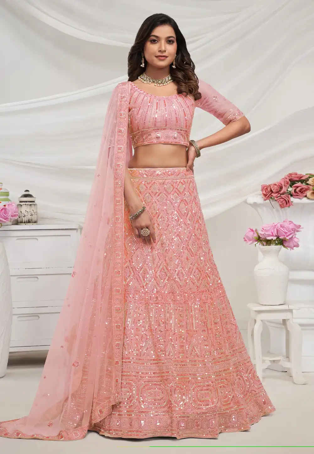 Peach Net Lehenga Choli 288597