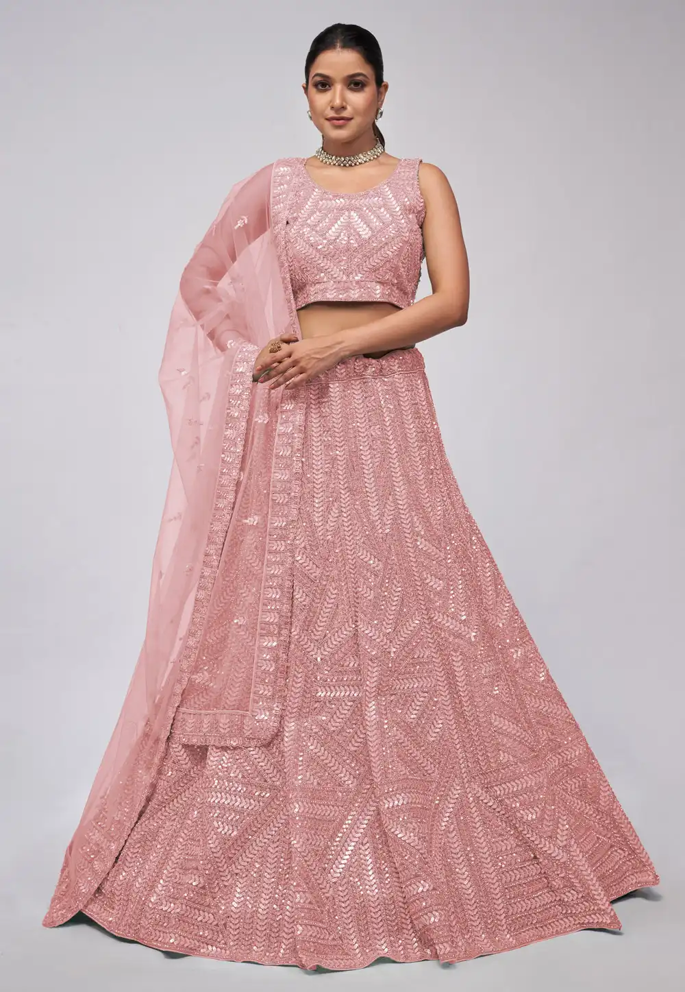 Peach Net Lehenga Choli 288605