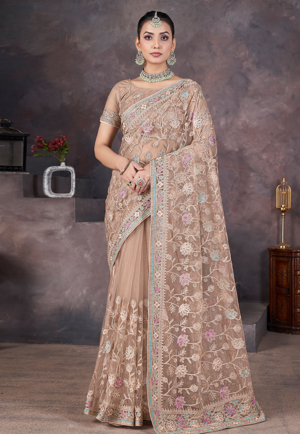 Peach Net Saree With Blouse 309401