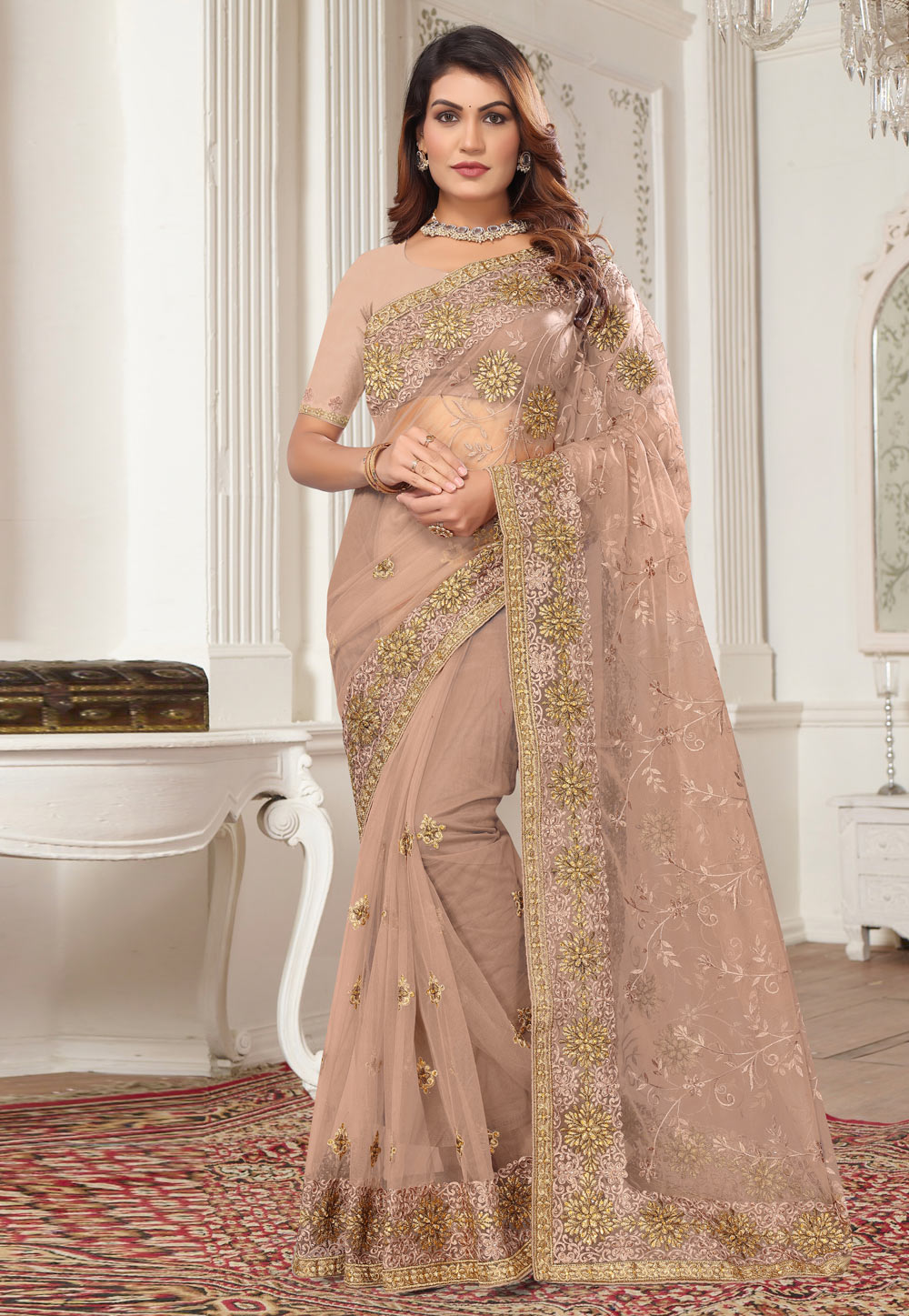 Peach Net Saree With Blouse 287666