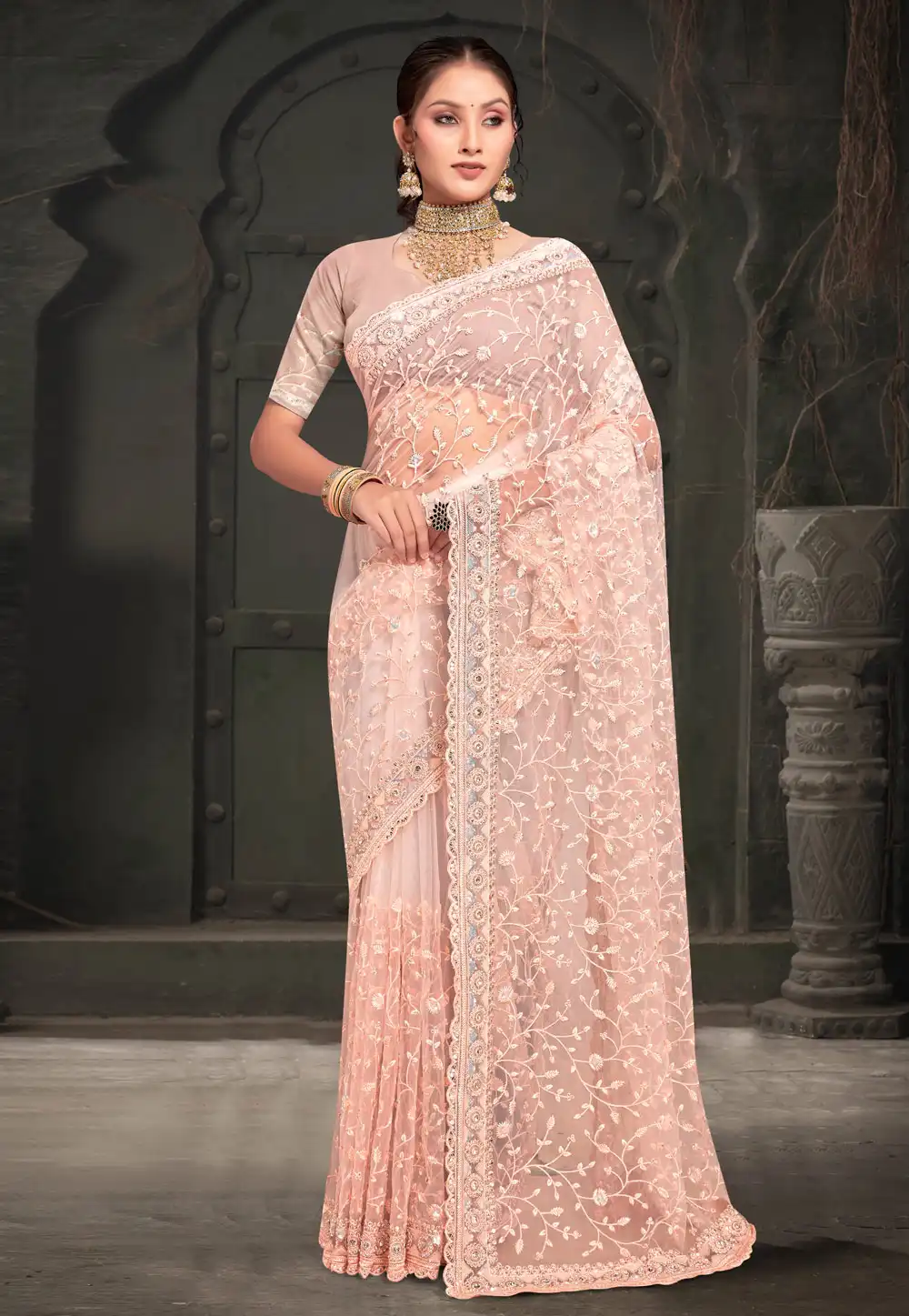 Peach Net Saree With Blouse 293741