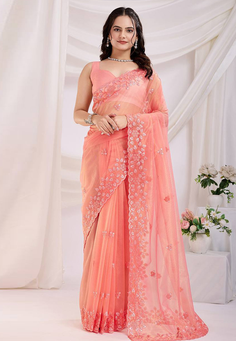 Peach Net Saree With Blouse 304979