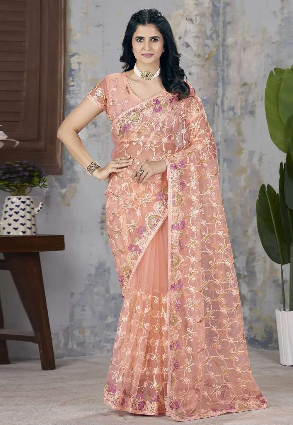 Peach Net Saree With Blouse 302523